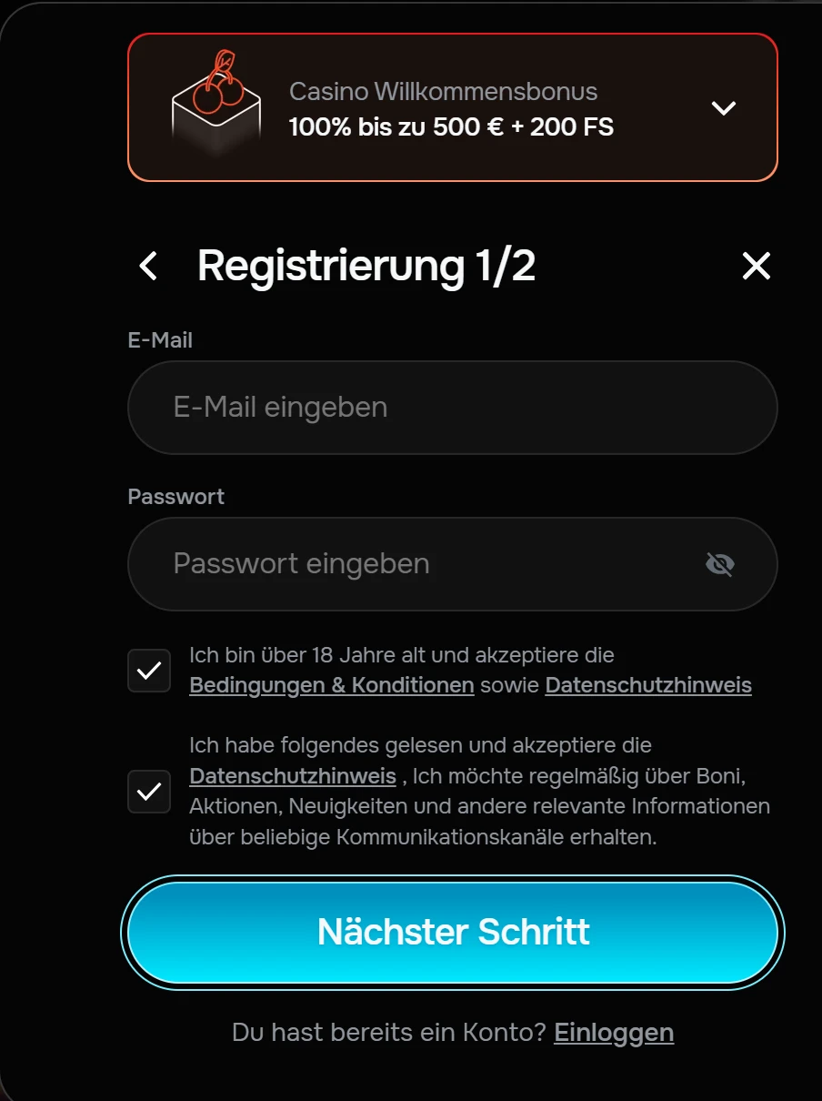 Registrierung bei Revolution Casino
